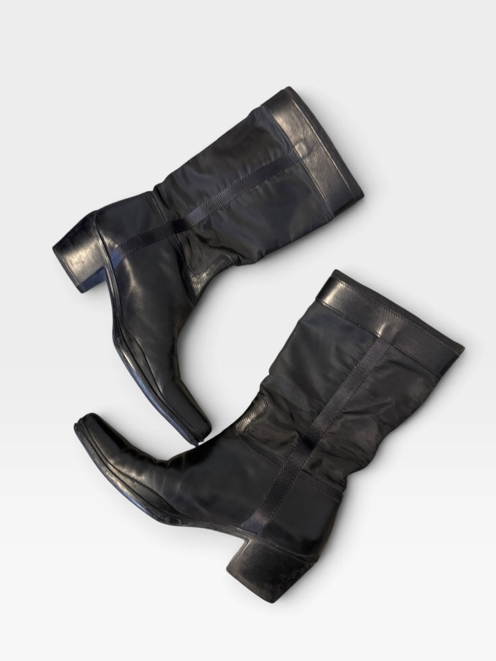 Vintage 90’s Prada Sport Black Leather Nylon Square Toe Cowboy Boots Heeled 37